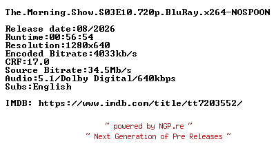 NFO for the release The.Morning.Show.S03E10.720p.BluRay.x264-NOSPOON by NOSPOON