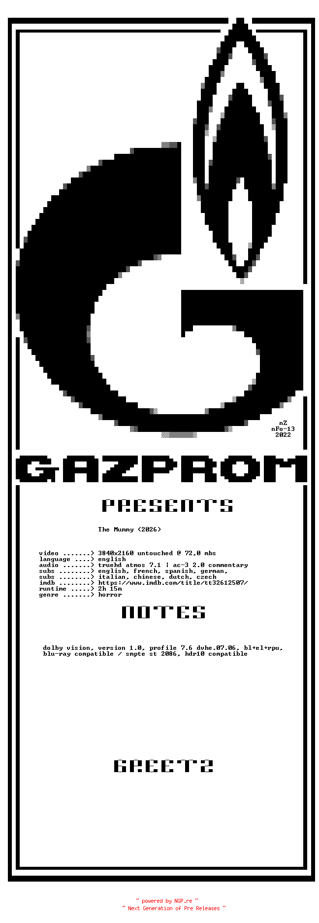 NFO for the release The.Mummy.2026.2160p.UHD.BluRay.H265-GAZPROM by GAZPROM