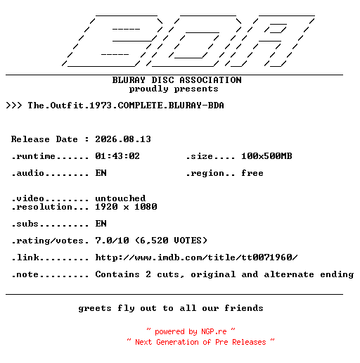 NFO for the release The.Outfit.1973.COMPLETE.BLURAY-BDA by BDA