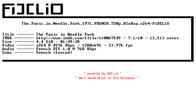 NFO for the release The.Panic.in.Needle.Park.1971.FRENCH.720p.BluRay.x264-FiDELiO by FiDELiO