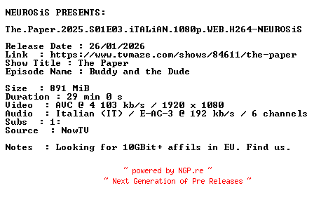 NFO for the release The.Paper.2025.S01E03.iTALiAN.1080p.WEB.H264-NEUROSiS by NEUROSiS