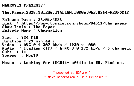 NFO for the release The.Paper.2025.S01E06.iTALiAN.1080p.WEB.H264-NEUROSiS by NEUROSiS
