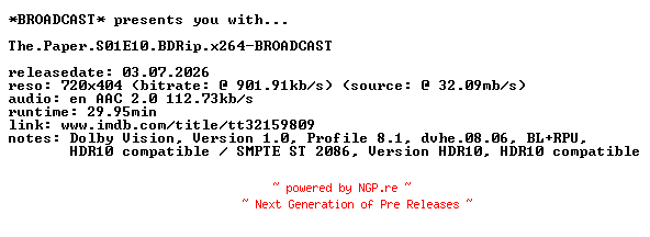 NFO for the release The.Paper.S01E10.BDRip.x264-BROADCAST by BROADCAST