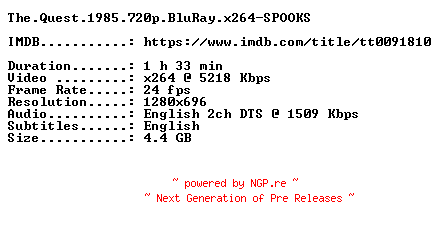 NFO for the release The.Quest.1985.720p.BluRay.x264-SPOOKS by SPOOKS