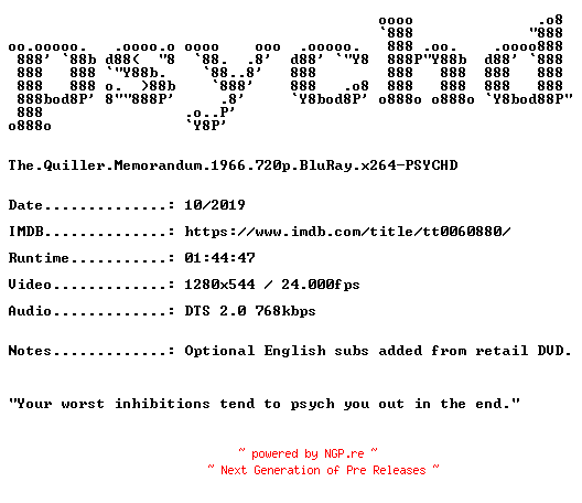NFO for the release The.Quiller.Memorandum.1966.720p.BluRay.x264-PSYCHD by PSYCHD