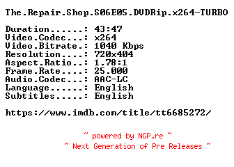 NFO for the release The.Repair.Shop.S06E05.DVDRip.x264-TURBO by TURBO