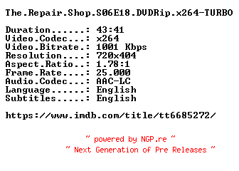 NFO for the release The.Repair.Shop.S06E18.DVDRip.x264-TURBO by TURBO