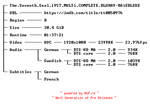 NFO for the release The.Seventh.Seal.1957.MULTi.COMPLETE.BLURAY-RAiEBLEUE by RAiEBLEUE