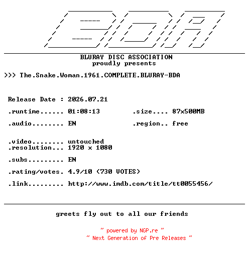 NFO for the release The.Snake.Woman.1961.COMPLETE.BLURAY-BDA by BDA