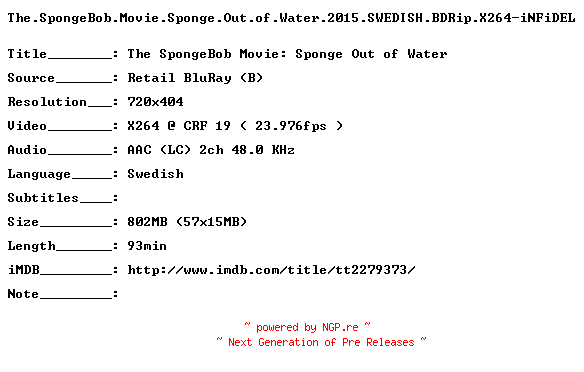 NFO for the release The.SpongeBob.Movie.Sponge.Out.of.Water.2015.SWEDISH.BDRip.X264-iNFiDEL by iNFiDEL