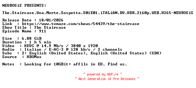 NFO for the release The.Staircase.Una.Morte.Sospetta.S01E01.iTALiAN.DV.HDR.2160p.WEB.H265-NEUROSiS by NEUROSiS