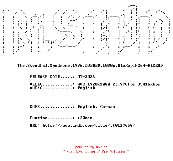 NFO for the release The.Stendhal.Syndrome.1996.DUBBED.1080p.BluRay.H264-RiSEHD by RiSEHD