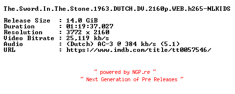 NFO for the release The.Sword.In.The.Stone.1963.DUTCH.DV.2160p.WEB.h265-NLKIDS by NLKIDS