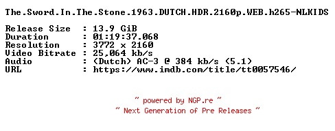 NFO for the release The.Sword.In.The.Stone.1963.DUTCH.HDR.2160p.WEB.h265-NLKIDS by NLKIDS