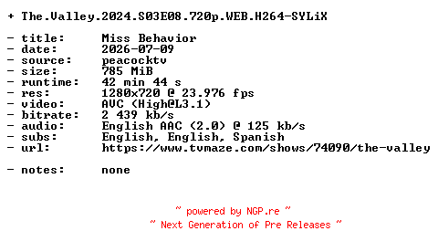 NFO for the release The.Valley.2024.S03E08.720p.WEB.H264-SYLiX by SYLiX