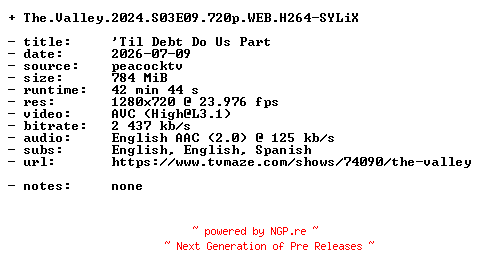 NFO for the release The.Valley.2024.S03E09.720p.WEB.H264-SYLiX by SYLiX