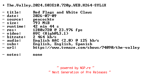 NFO for the release The.Valley.2024.S03E10.720p.WEB.H264-SYLiX by SYLiX