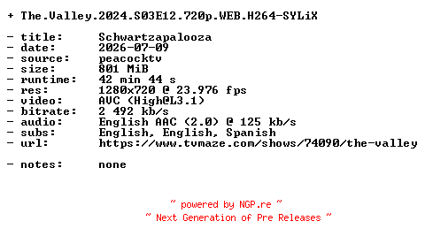 NFO for the release The.Valley.2024.S03E12.720p.WEB.H264-SYLiX by SYLiX