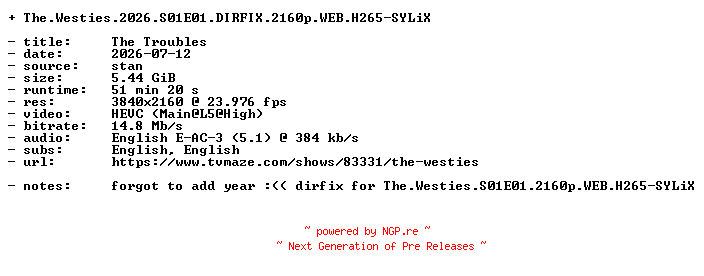NFO for the release The.Westies.2026.S01E01.DIRFIX.2160p.WEB.H265-SYLiX by SYLiX