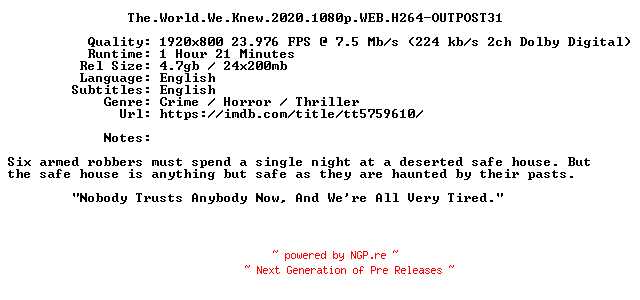 NFO for the release The.World.We.Knew.2020.1080p.WEB.H264-OUTPOST31 by OUTPOST31