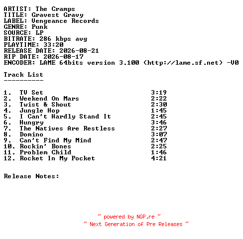 NFO for the release The_Cramps-Gravest_Gravy-Vinyl-2026-SDR by SDR