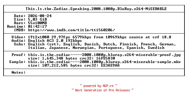NFO for the release This.Is.the.Zodiac.Speaking.2008.1080p.BluRay.x264-MiSERABLE by MiSERABLE