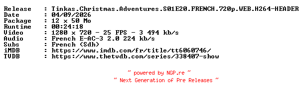 NFO for the release Tinkas.Christmas.Adventures.S01E20.FRENCH.720p.WEB.H264-HEADER by HEADER