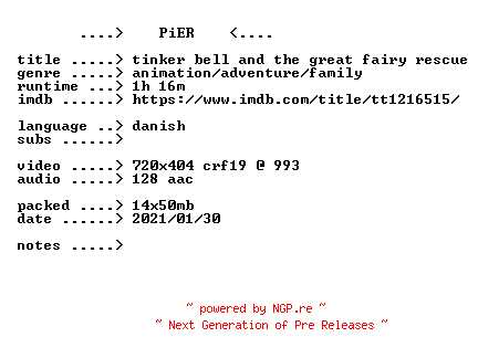 NFO for the release Tinker.Bell.and.the.Great.Fairy.Rescue.2010.iNTERNAL.DANiSH.BDRip.x264-PiER by PiER
