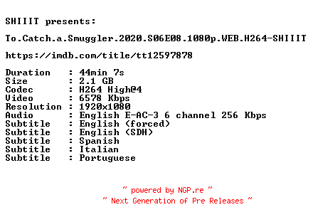 NFO for the release To.Catch.a.Smuggler.2020.S06E08.1080p.WEB.H264-SHIIIT by SHIIIT