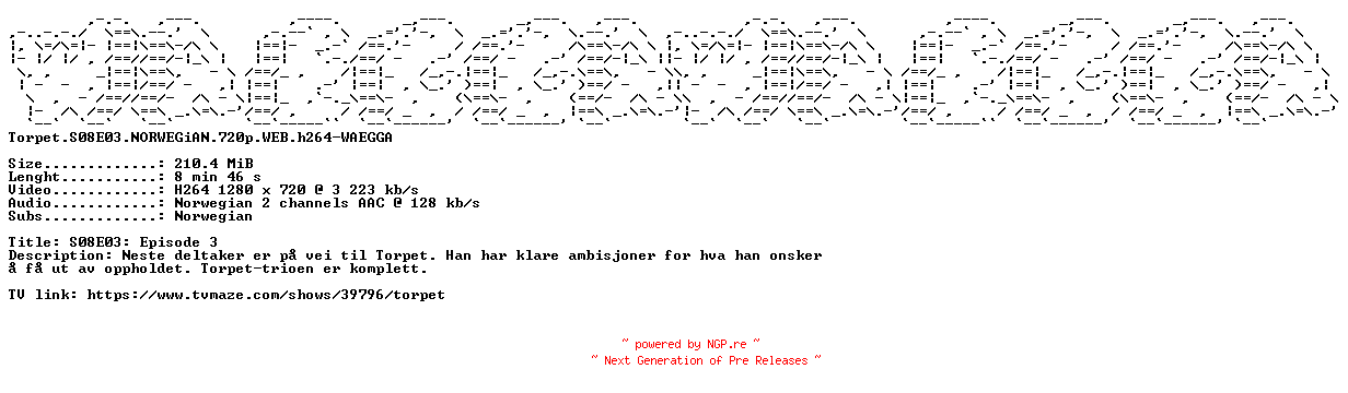 NFO for the release Torpet.S08E03.NORWEGiAN.720p.WEB.h264-WAEGGA by WAEGGA