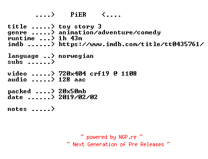 NFO for the release Toy.Story.3.2010.iNTERNAL.NORWEGiAN.BDRip.x264-PiER by PiER