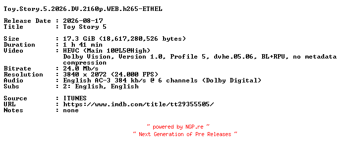 NFO for the release Toy.Story.5.2026.DV.2160p.WEB.h265-ETHEL by ETHEL