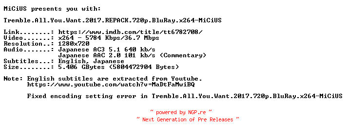 NFO for the release Tremble.All.You.Want.2017.REPACK.720p.BluRay.x264-MiCiUS by MiCiUS