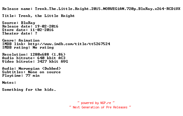 NFO for the release Trenk.The.Little.Knight.2015.NORWEGiAN.720p.BluRay.x264-RCDiVX by RCDiVX