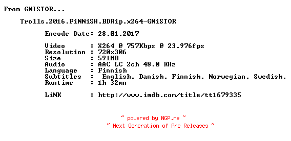 NFO for the release Trolls.2016.FiNNiSH.BDRip.x264-GNiSTOR by GNiSTOR