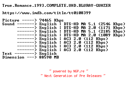NFO for the release True.Romance.1993.COMPLETE.UHD.BLURAY-GUHZER by GUHZER