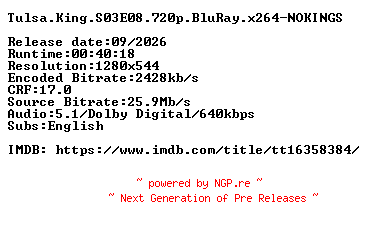 NFO for the release Tulsa.King.S03E08.720p.BluRay.x264-NOKINGS by NOKINGS