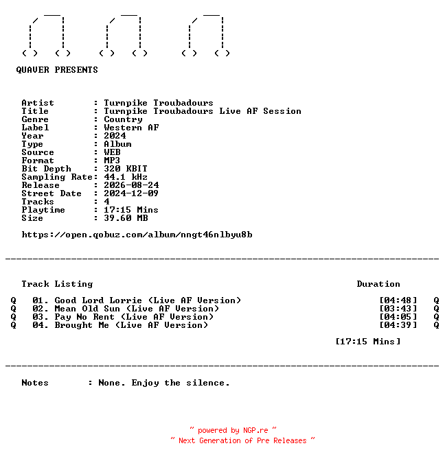 NFO for the release Turnpike_Troubadours-Turnpike_Troubadours_Live_AF_Session-EP-WEB-2024-QUAVER by QUAVER