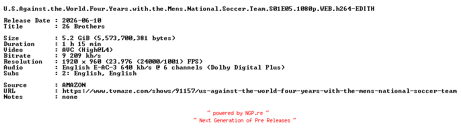 NFO for the release U.S.Against.the.World.Four.Years.with.the.Mens.National.Soccer.Team.S01E05.1080p.WEB.h264-EDITH by EDITH