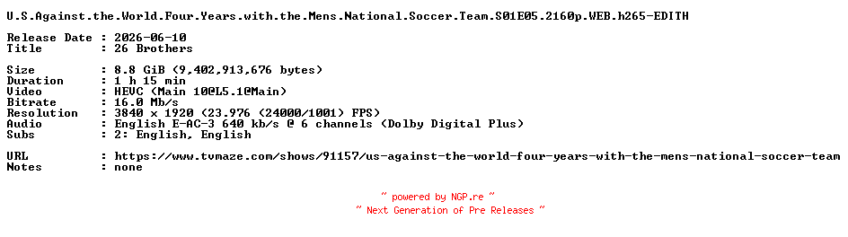 NFO for the release U.S.Against.the.World.Four.Years.with.the.Mens.National.Soccer.Team.S01E05.2160p.WEB.h265-EDITH by EDITH