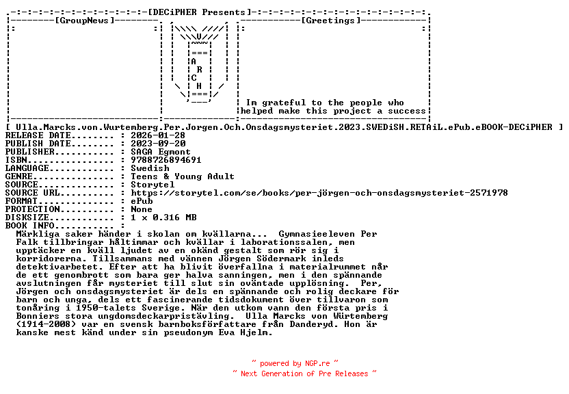 NFO for the release Ulla.Marcks.Von.Wurtemberg.Per.Jorgen.Och.Onsdagsmysteriet.2023.SWEDiSH.RETAiL.ePub.eBOOK-DECiPHER by DECiPHER