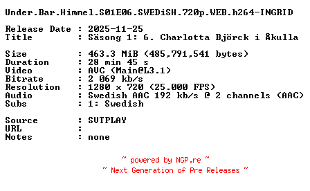 NFO for the release Under.Bar.Himmel.S01E06.SWEDiSH.720p.WEB.h264-INGRID by INGRID