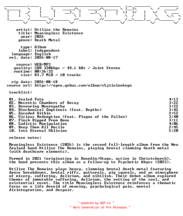 NFO for the release Utilize_the_Remains-Meaningless_Existence-WEB-2026-BLEEDiNG by BLEEDiNG
