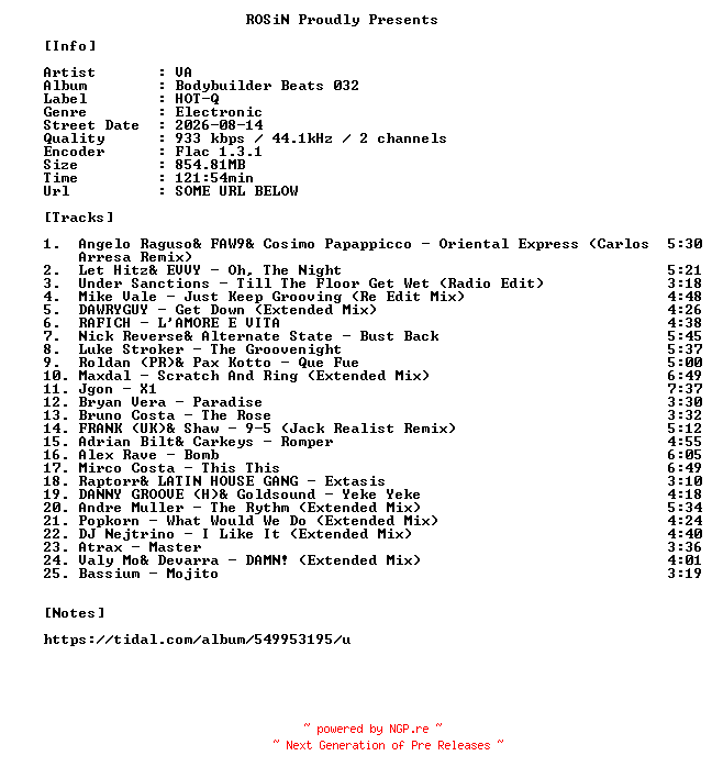 NFO for the release VA-Bodybuilder_Beats_032-16BIT-WEB-FLAC-2026-ROSiN by ROSiN