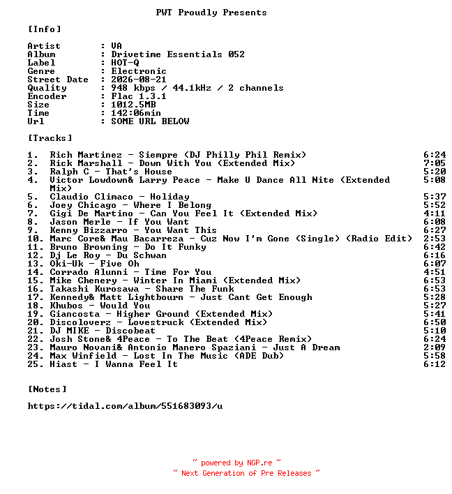 NFO for the release VA-Drivetime_Essentials_052-16BIT-WEB-FLAC-2026-PWT by PWT