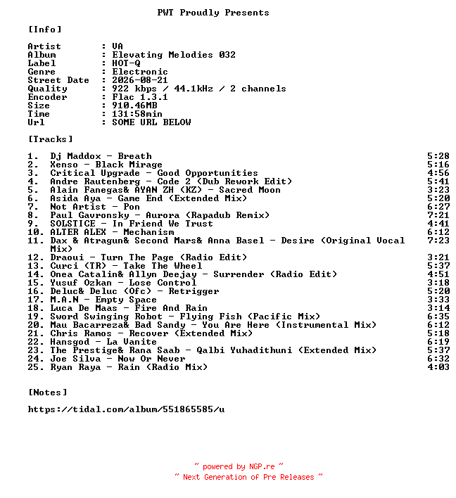 NFO for the release VA-Elevating_Melodies_032-16BIT-WEB-FLAC-2026-PWT by PWT