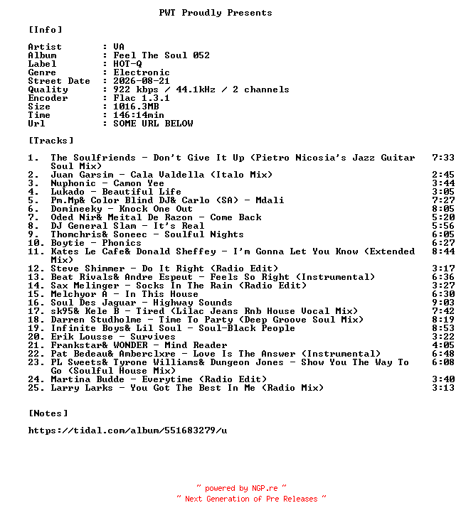 NFO for the release VA-Feel_The_Soul_052-16BIT-WEB-FLAC-2026-PWT by PWT