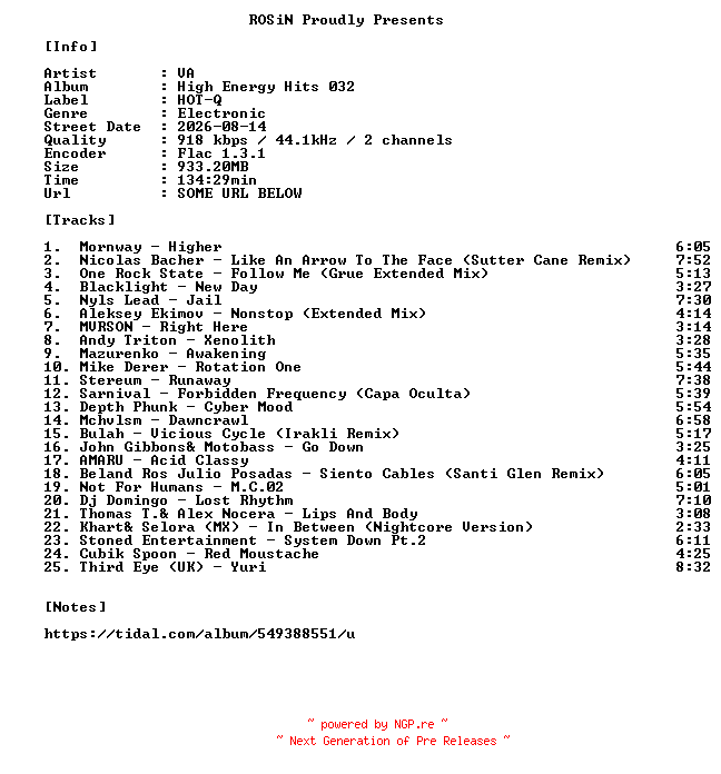 NFO for the release VA-High_Energy_Hits_032-16BIT-WEB-FLAC-2026-ROSiN by ROSiN
