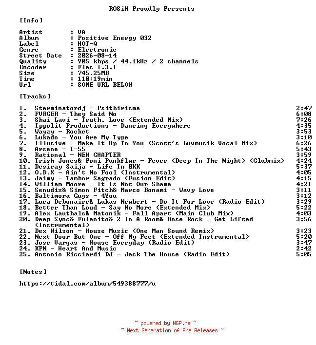 NFO for the release VA-Positive_Energy_032-16BIT-WEB-FLAC-2026-ROSiN by ROSiN