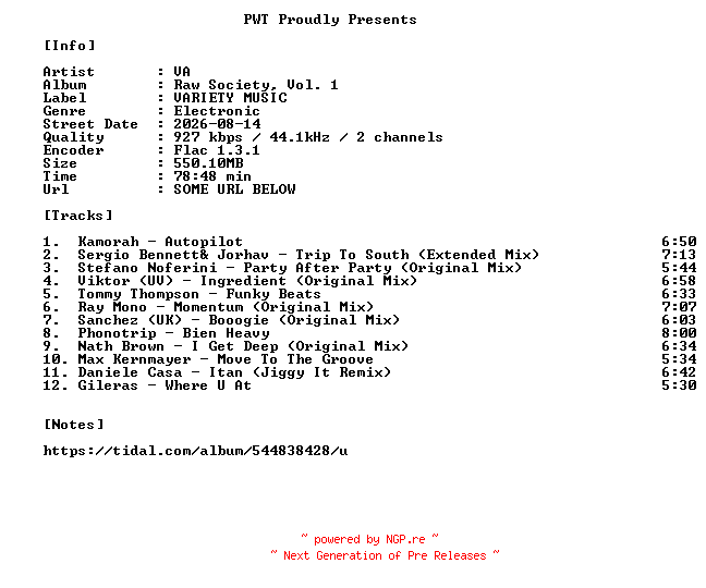 NFO for the release VA-Raw_Society_Vol._1-16BIT-WEB-FLAC-2026-PWT by PWT